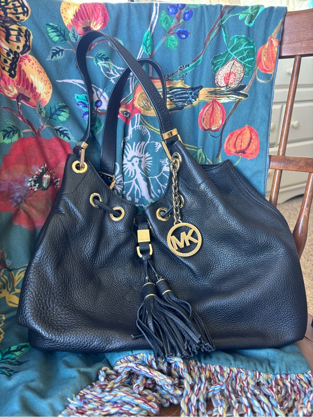 Michael Kors Black Pebbled Leather Shoulder Tote with Tassel and MK Charm